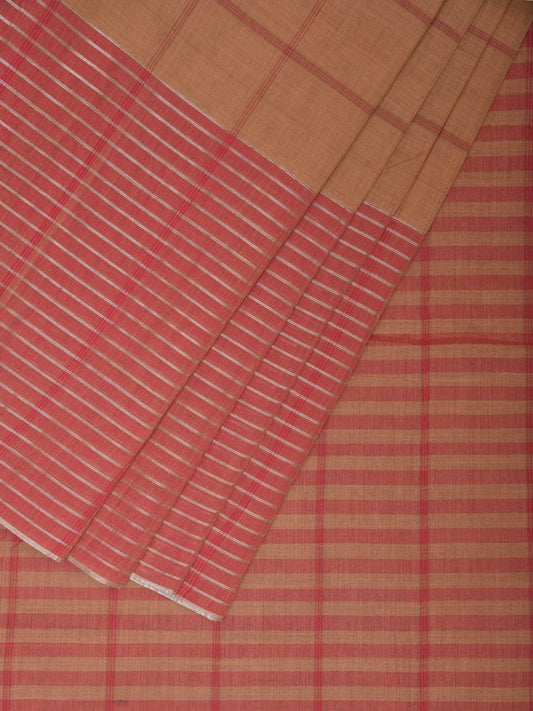 Cream and Baby Pink Kanchipuram Cotton Handloom Saree with Big Check Design k0564