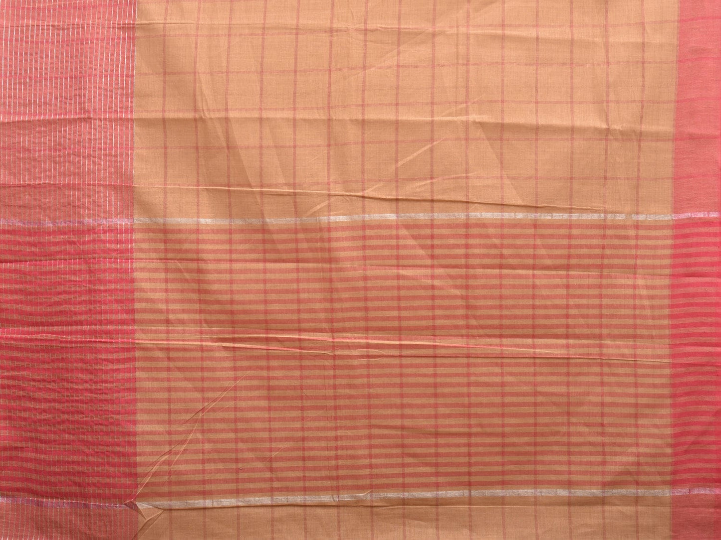 Cream and Baby Pink Kanchipuram Cotton Handloom Saree with Big Check Design k0564
