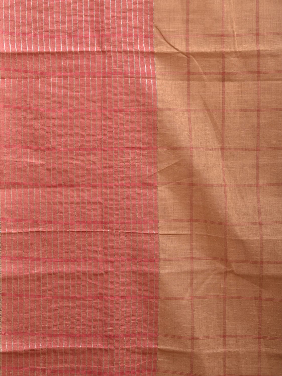 Cream and Baby Pink Kanchipuram Cotton Handloom Saree with Big Check Design k0564