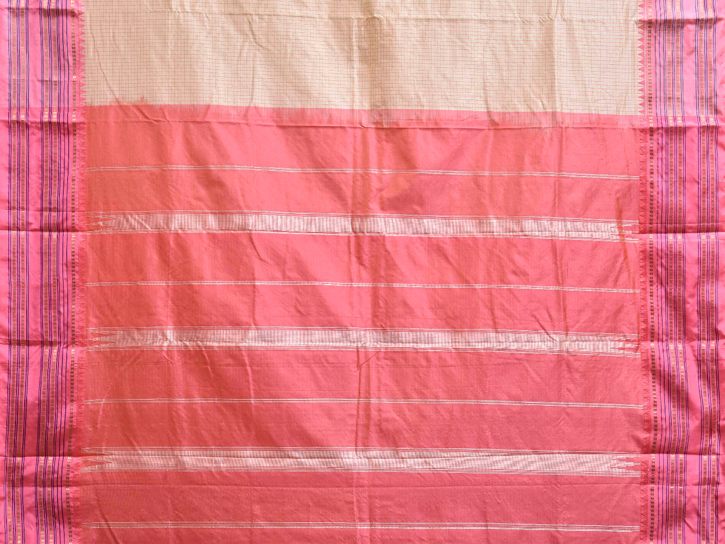 Cream and Baby Pink Narayanpet Silk Saree with Checks Design np1348