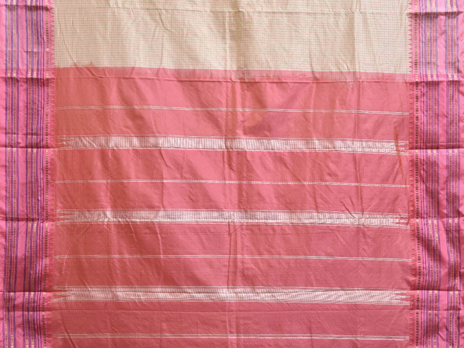 Cream and Baby Pink Narayanpet Silk Saree with Checks Design np1348