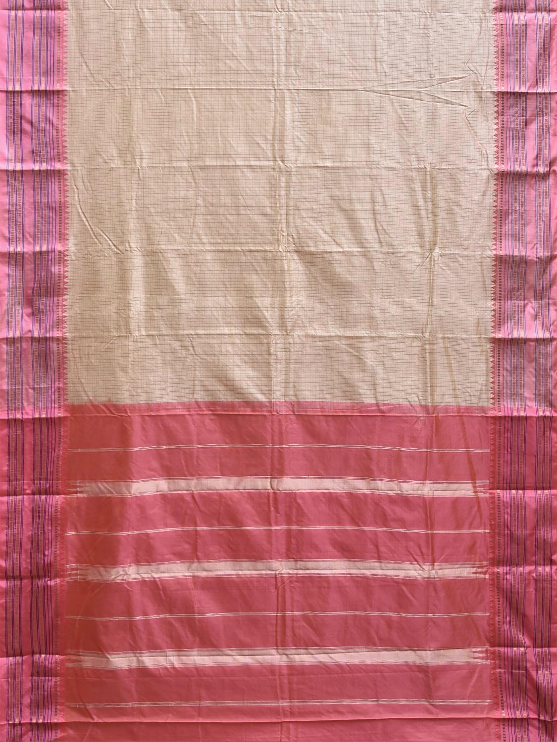 Cream and Baby Pink Narayanpet Silk Saree with Checks Design np1348