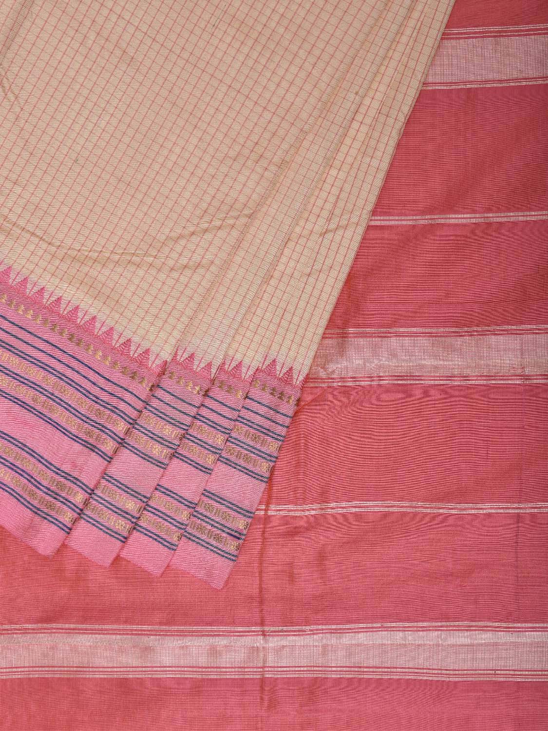 Cream and Baby Pink Narayanpet Silk Saree with Checks Design np1348