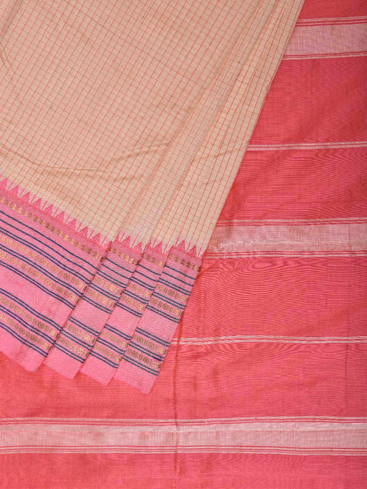Cream and Baby Pink Narayanpet Silk Saree with Checks Design np1348