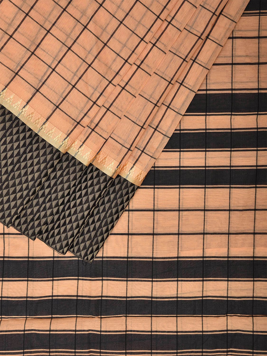 Cream and Black Bamboo Cotton Saree with Big Checks Design No Blouse bc0452