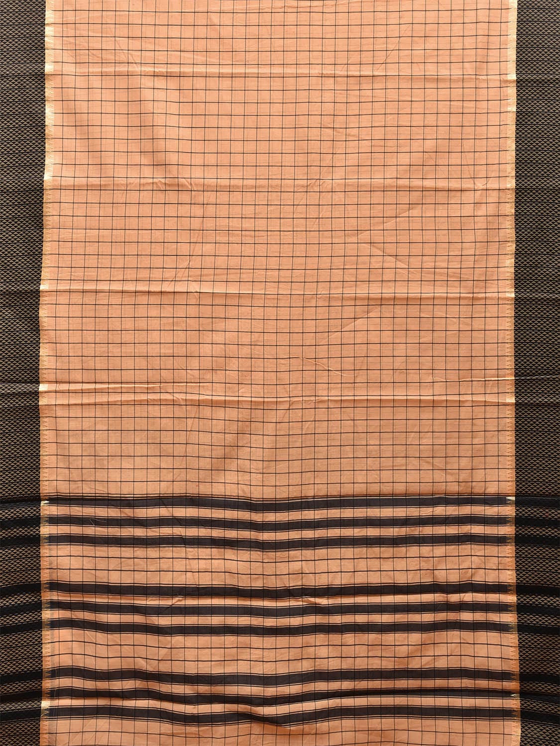 Cream and Black Bamboo Cotton Saree with Big Checks Design No Blouse bc0452