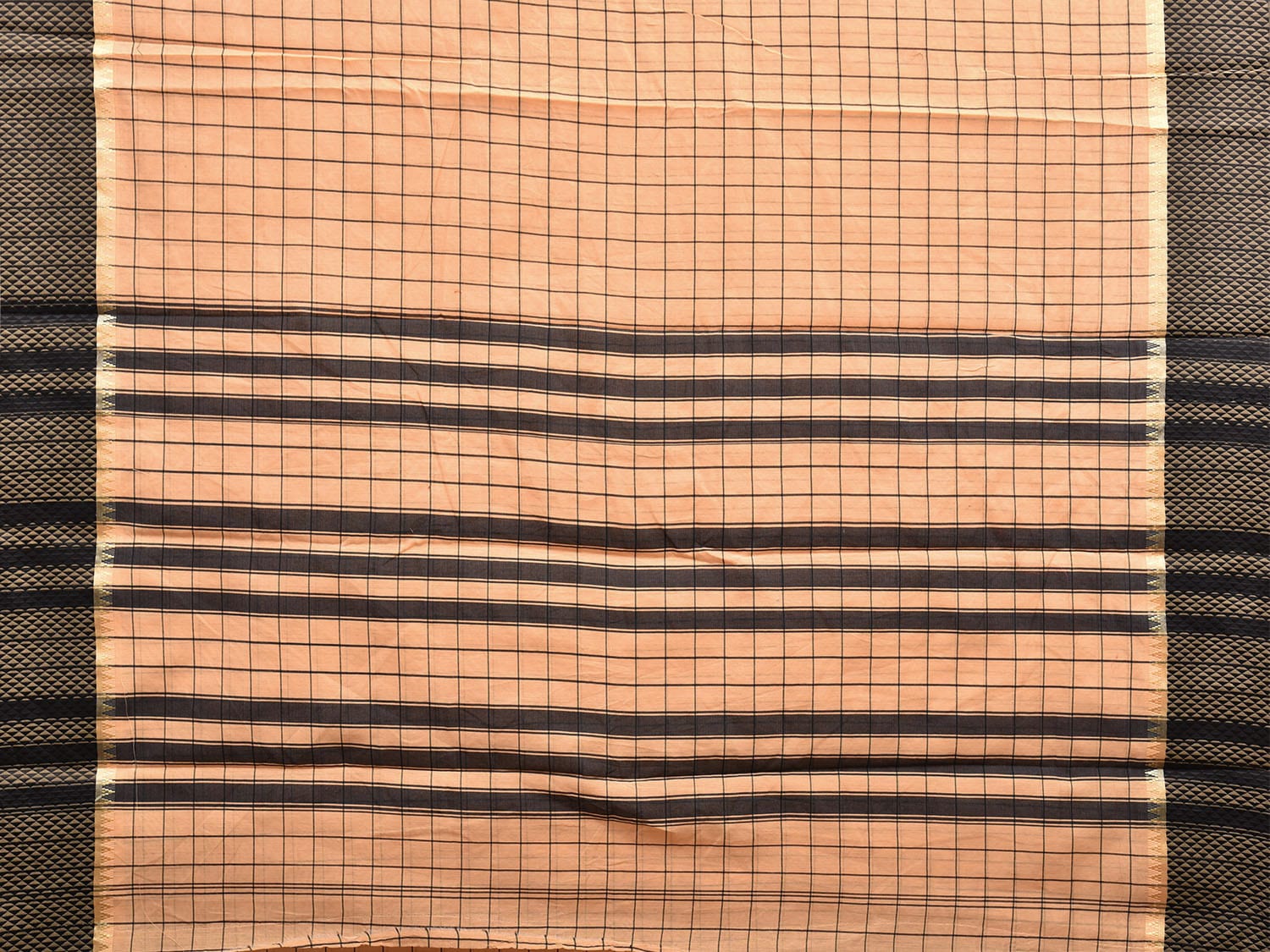 Cream and Black Bamboo Cotton Saree with Big Checks Design No Blouse bc0452