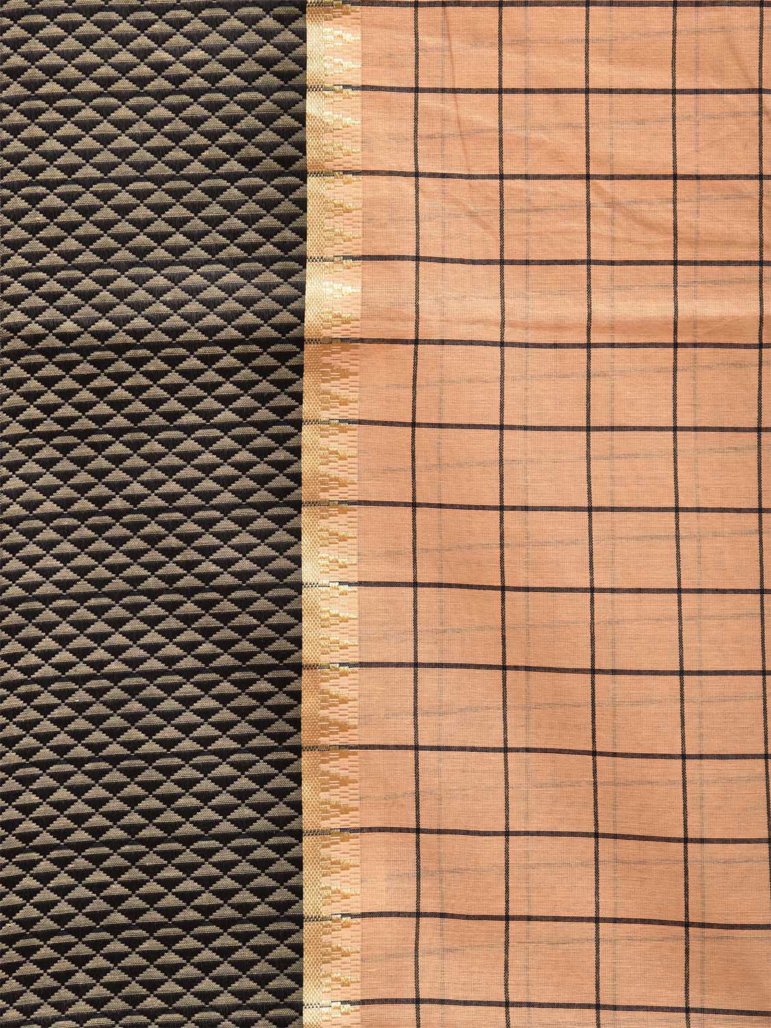 Cream and Black Bamboo Cotton Saree with Big Checks Design No Blouse bc0452