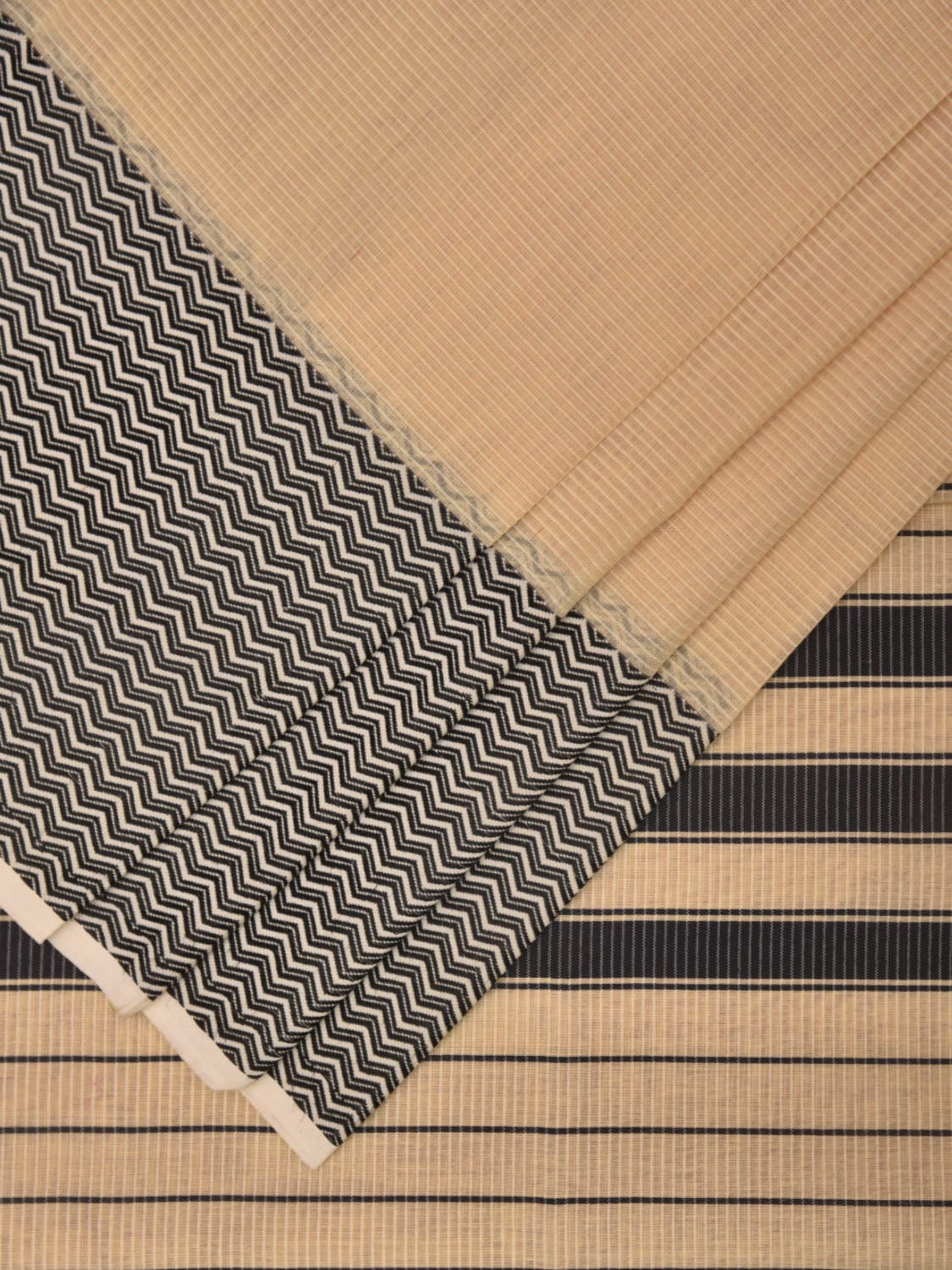Cream and Black Bamboo Cotton Saree with Strips and Zig-Zag Border Design No Blouse bc0325