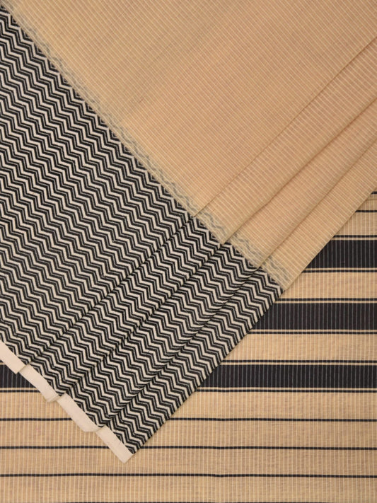 Cream and Black Bamboo Cotton Saree with Strips and Zig-Zag Border Design No Blouse bc0325