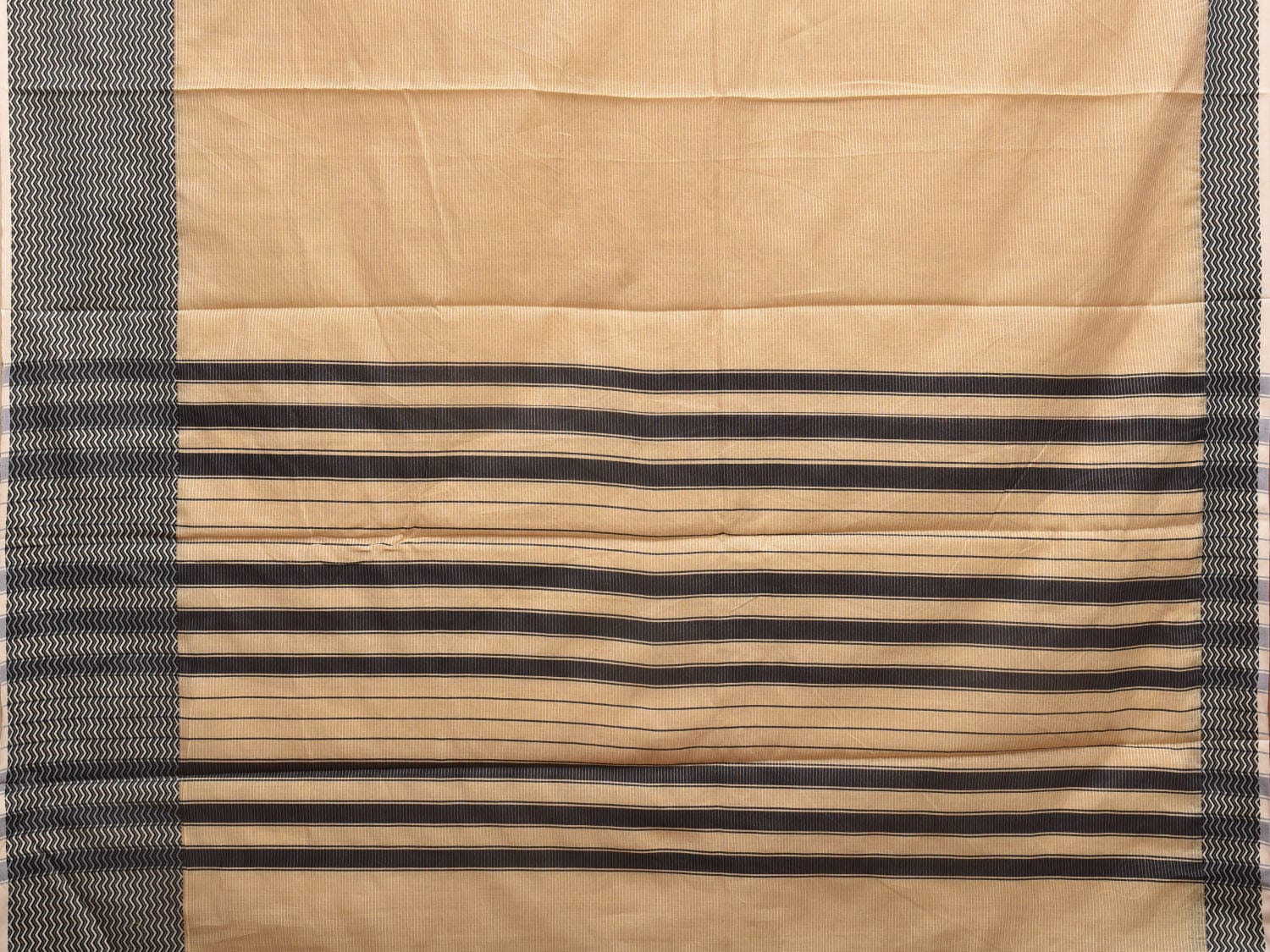 Cream and Black Bamboo Cotton Saree with Strips and Zig-Zag Border Design No Blouse bc0325