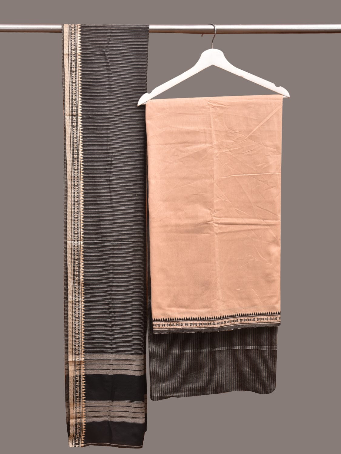 Cream and Black Blue Bamboo Cotton Dress Material with Strips Dupatta and Plain Top Strips Bottom Design dm0042