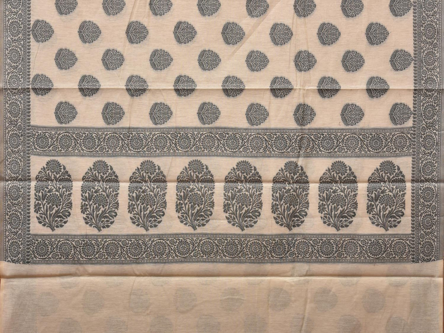 Cream and Black Cut Work Sico Cotton Saree with Body Buta and Border Design o0418