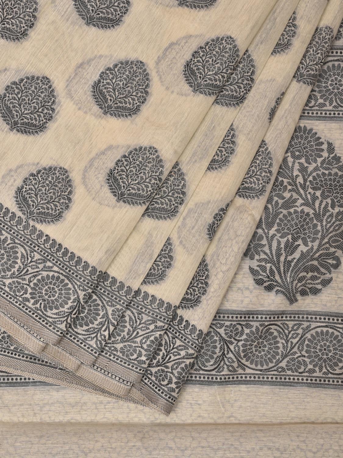Cream and Black Cut Work Sico Cotton Saree with Body Buta and Border Design o0418