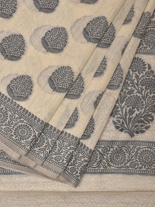 Cream and Black Cut Work Sico Cotton Saree with Body Buta and Border Design o0418