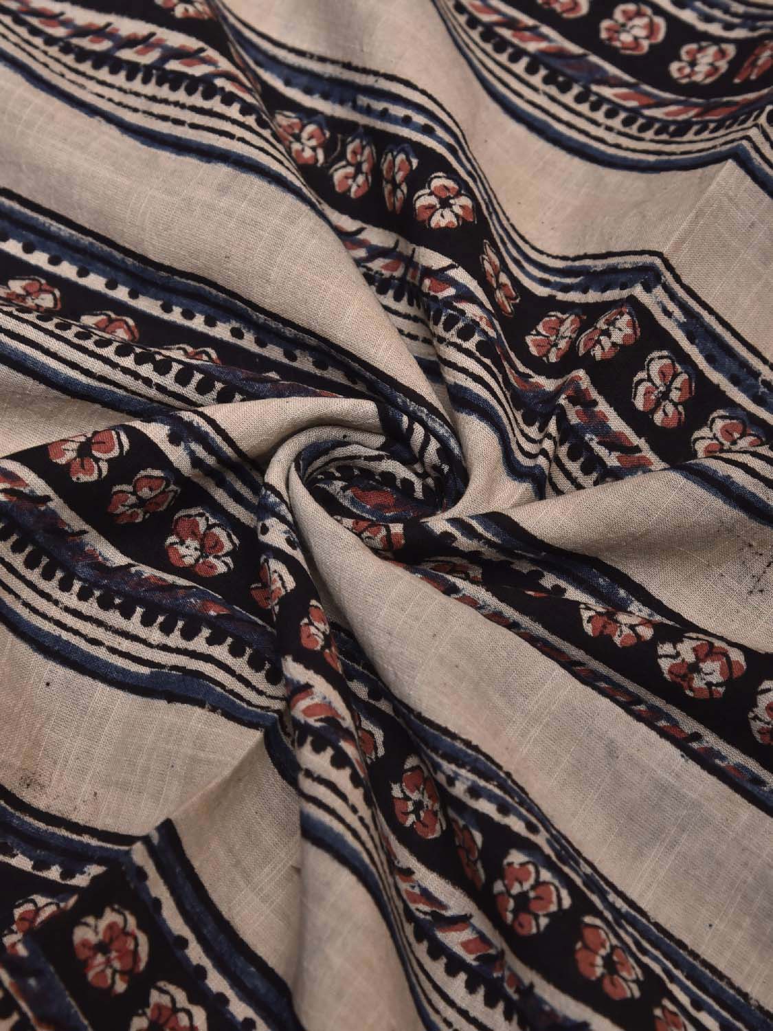 Cream and Black Kalamkari Block Print Cotton Blouse with Strips Design Length 1mt Width 44 Inches BL0120