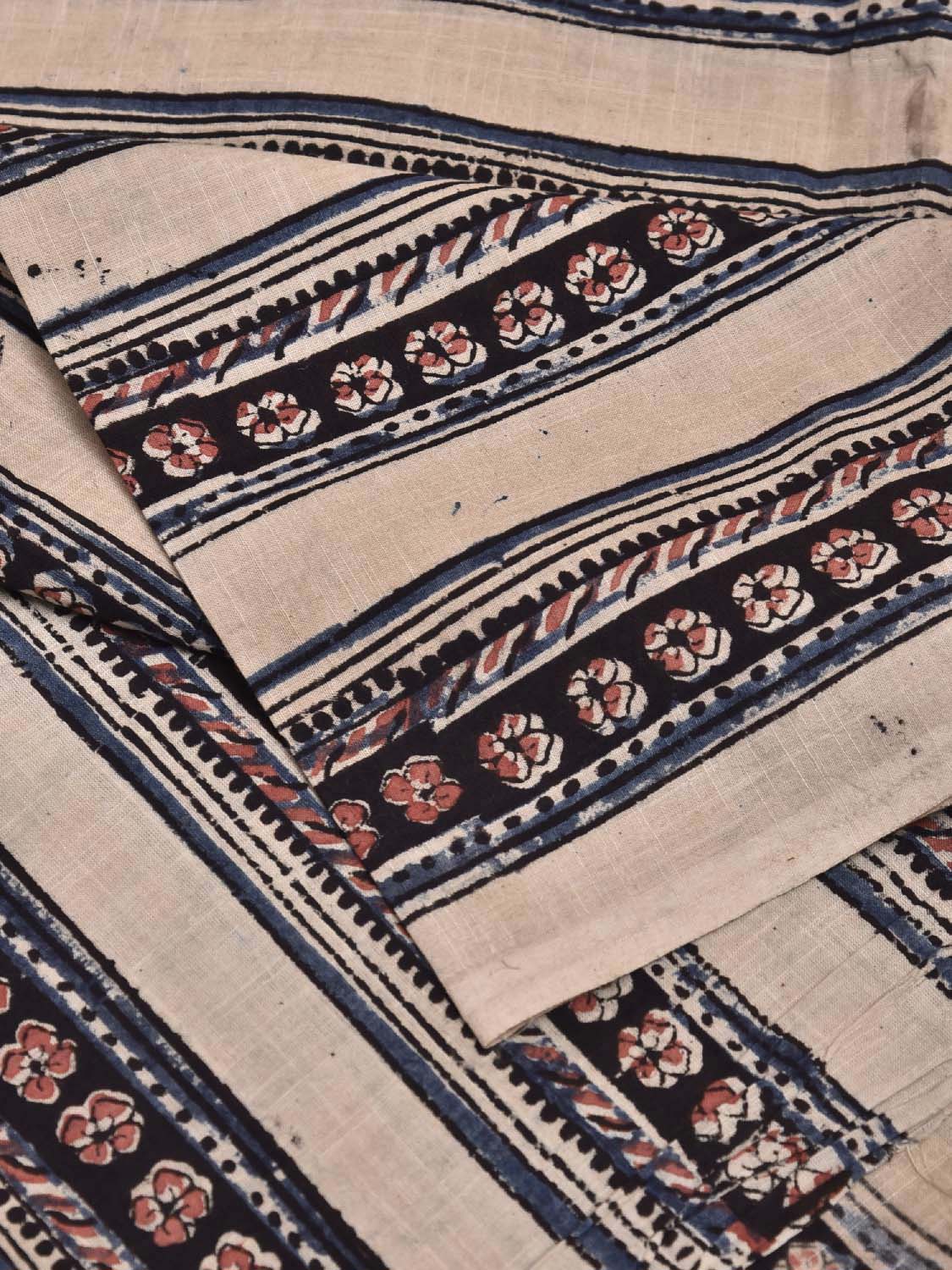 Cream and Black Kalamkari Block Print Cotton Blouse with Strips Design Length 1mt Width 44 Inches BL0120