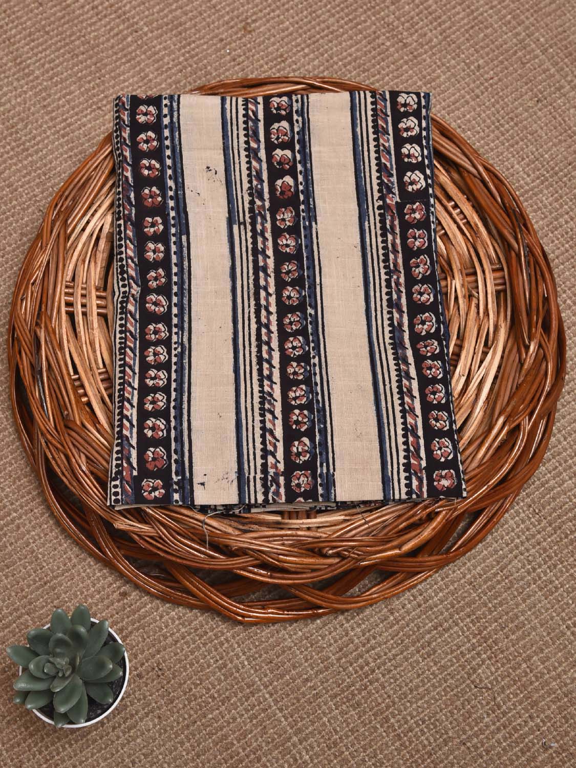 Cream and Black Kalamkari Block Print Cotton Blouse with Strips Design Length 1mt Width 44 Inches BL0120