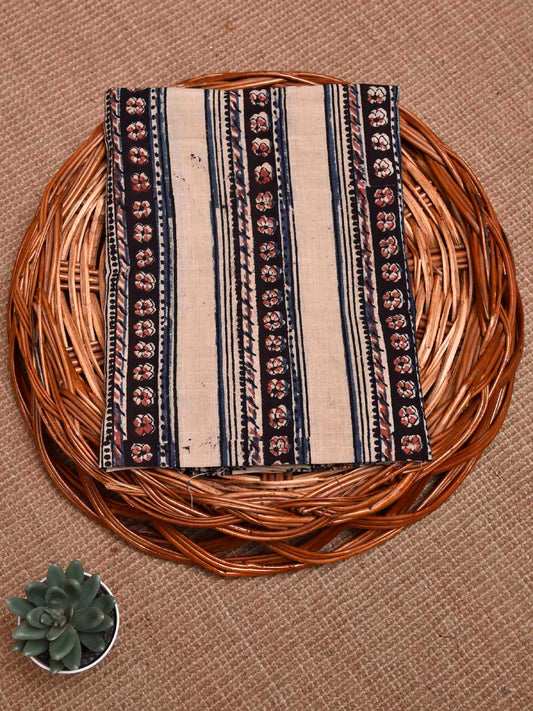 Cream and Black Kalamkari Block Print Cotton Blouse with Strips Design Length 1mt Width 44 Inches BL0120