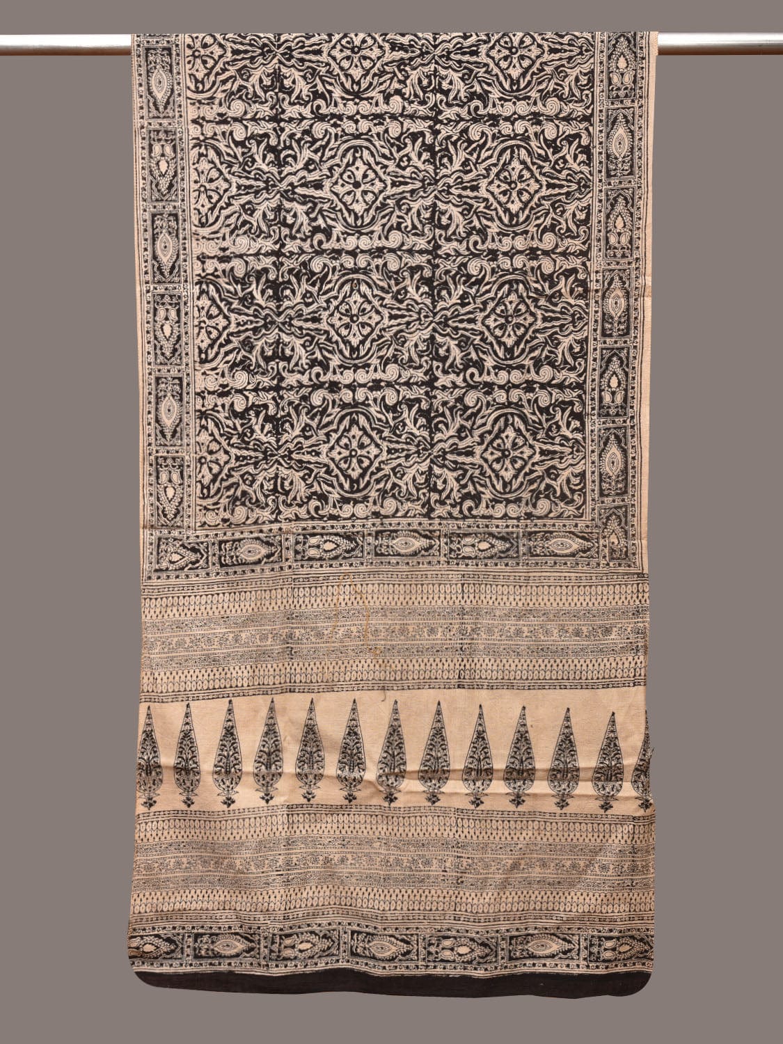 Cream and Black Kalamkari Block Print Cotton Silk Stole with Geometric Design ds3386