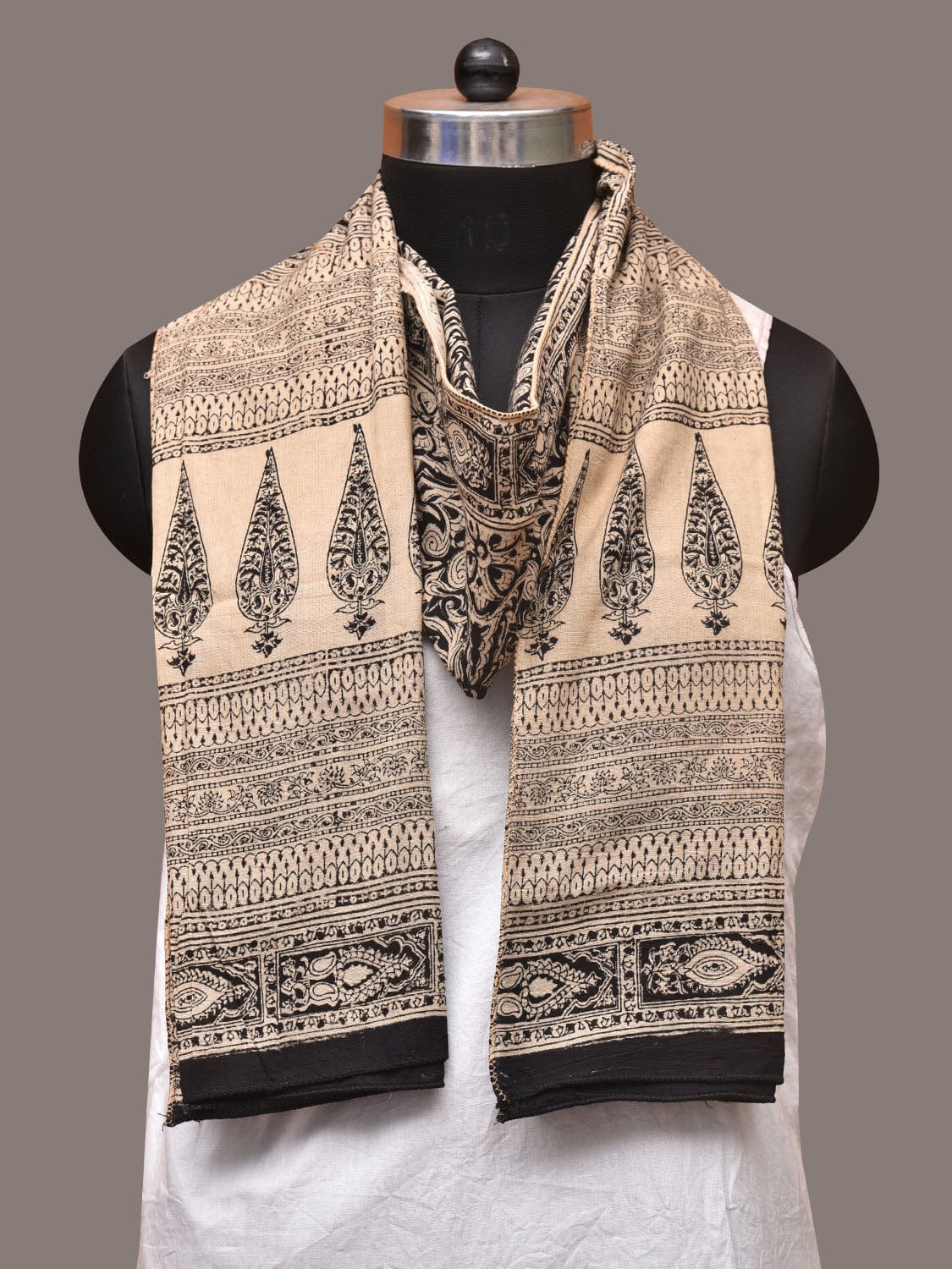 Cream and Black Kalamkari Block Print Cotton Silk Stole with Geometric Design ds3386