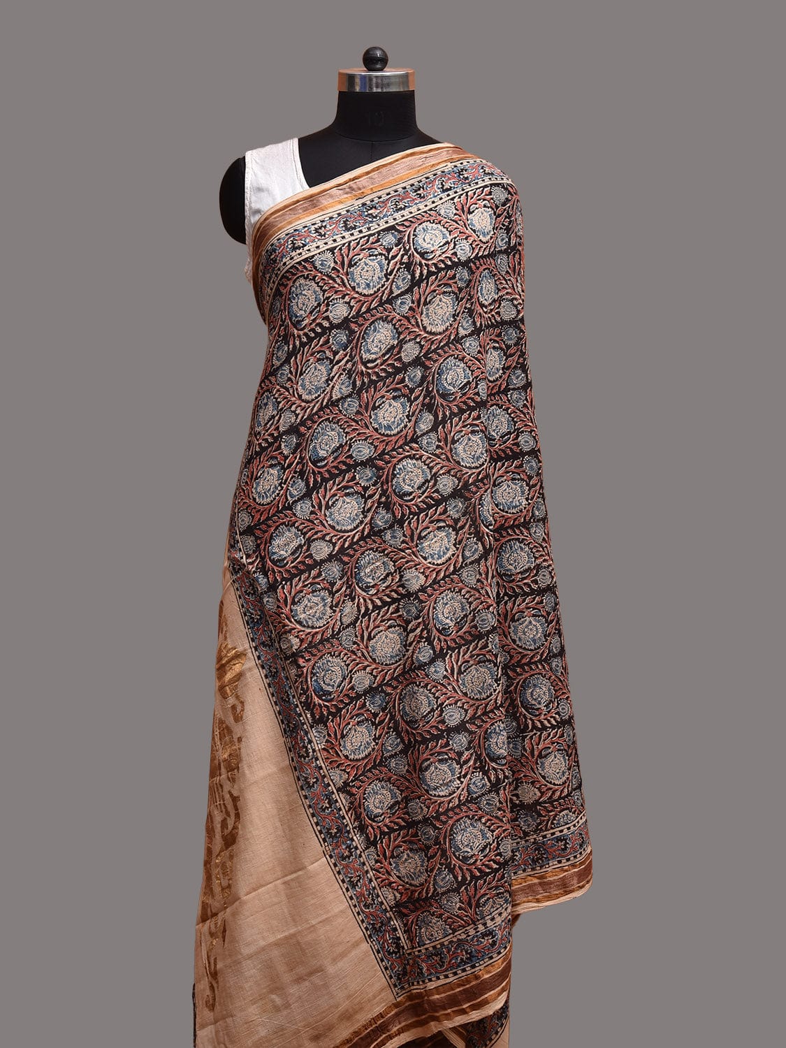 Cream and Black Kalamkari Block Print Uppada Cotton Silk Dupatta with Floral Design ds3755