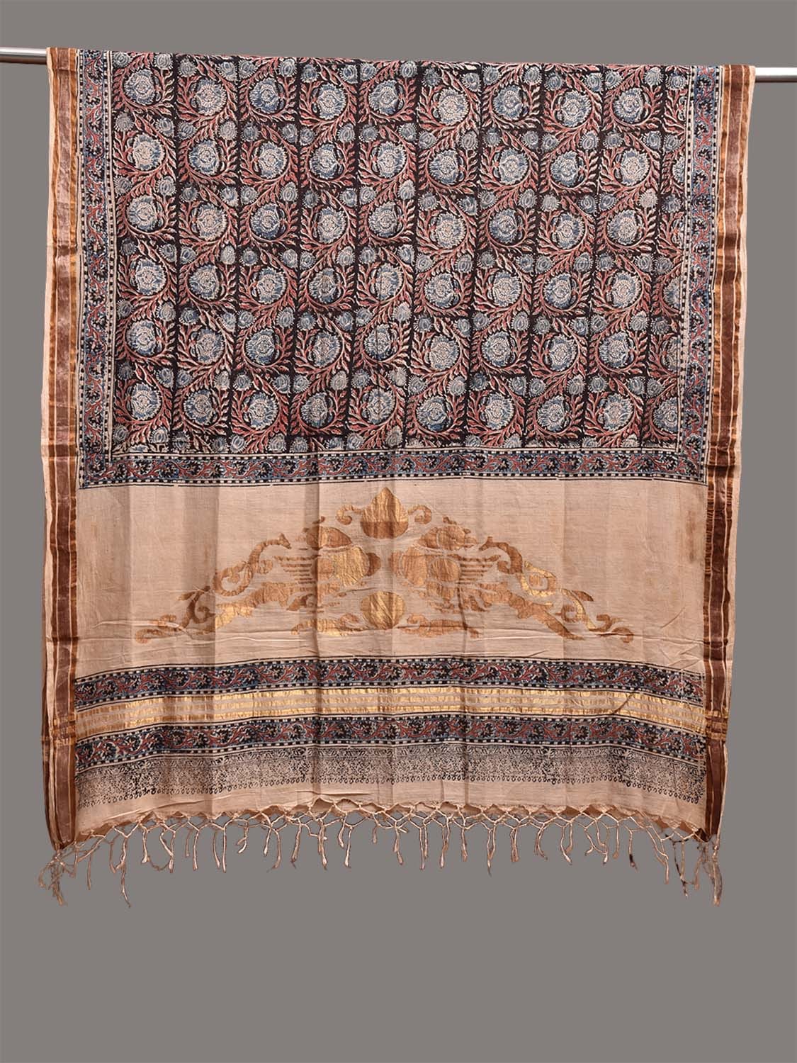 Cream and Black Kalamkari Block Print Uppada Cotton Silk Dupatta with Floral Design ds3755