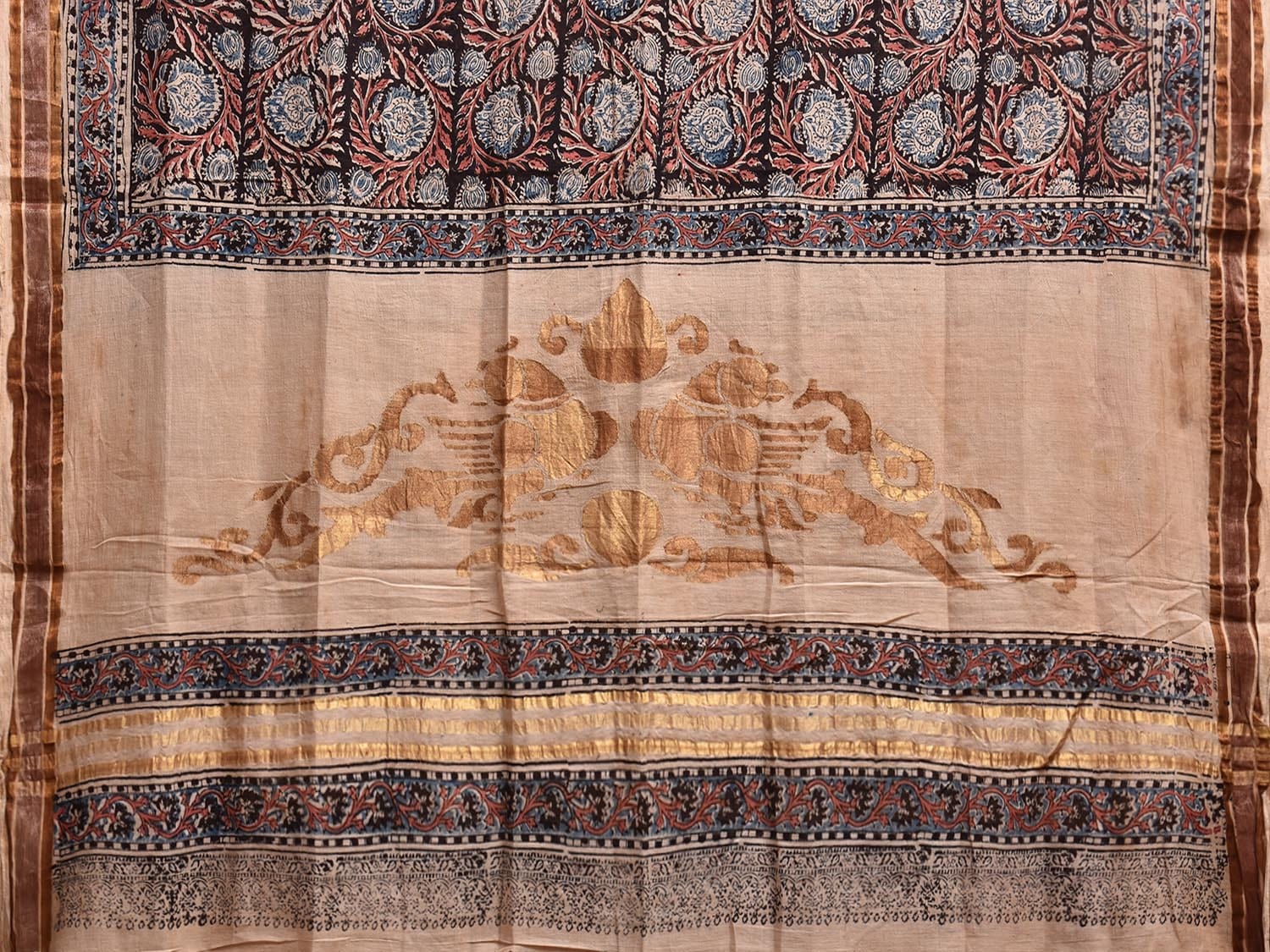 Cream and Black Kalamkari Block Print Uppada Cotton Silk Dupatta with Floral Design ds3755