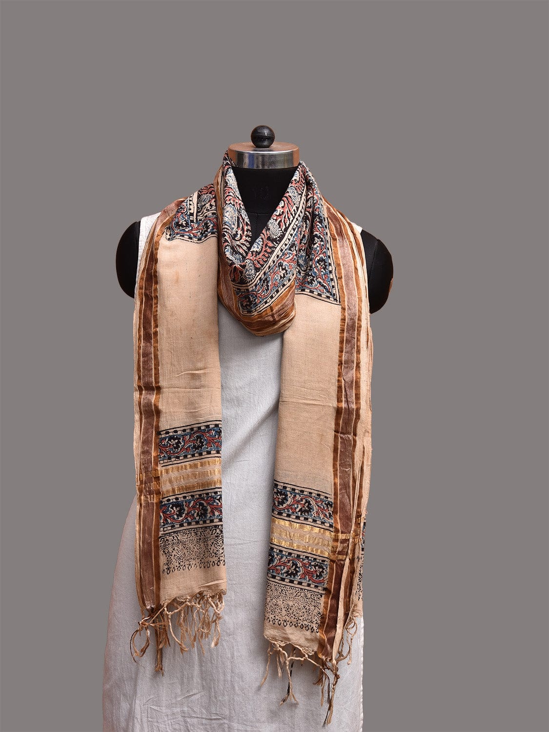 Cream and Black Kalamkari Block Print Uppada Cotton Silk Dupatta with Floral Design ds3755