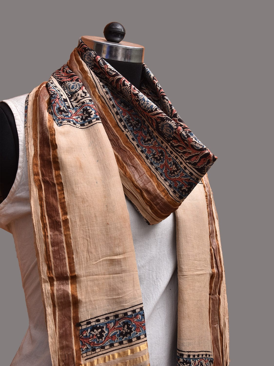 Cream and Black Kalamkari Block Print Uppada Cotton Silk Dupatta with Floral Design ds3755