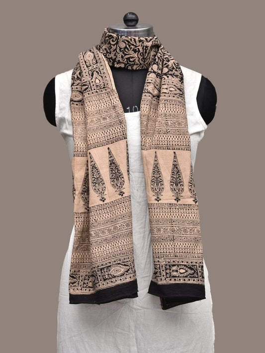 Cream and Black Kalamkari Block Printed Cotton Handloom Stole ds2245