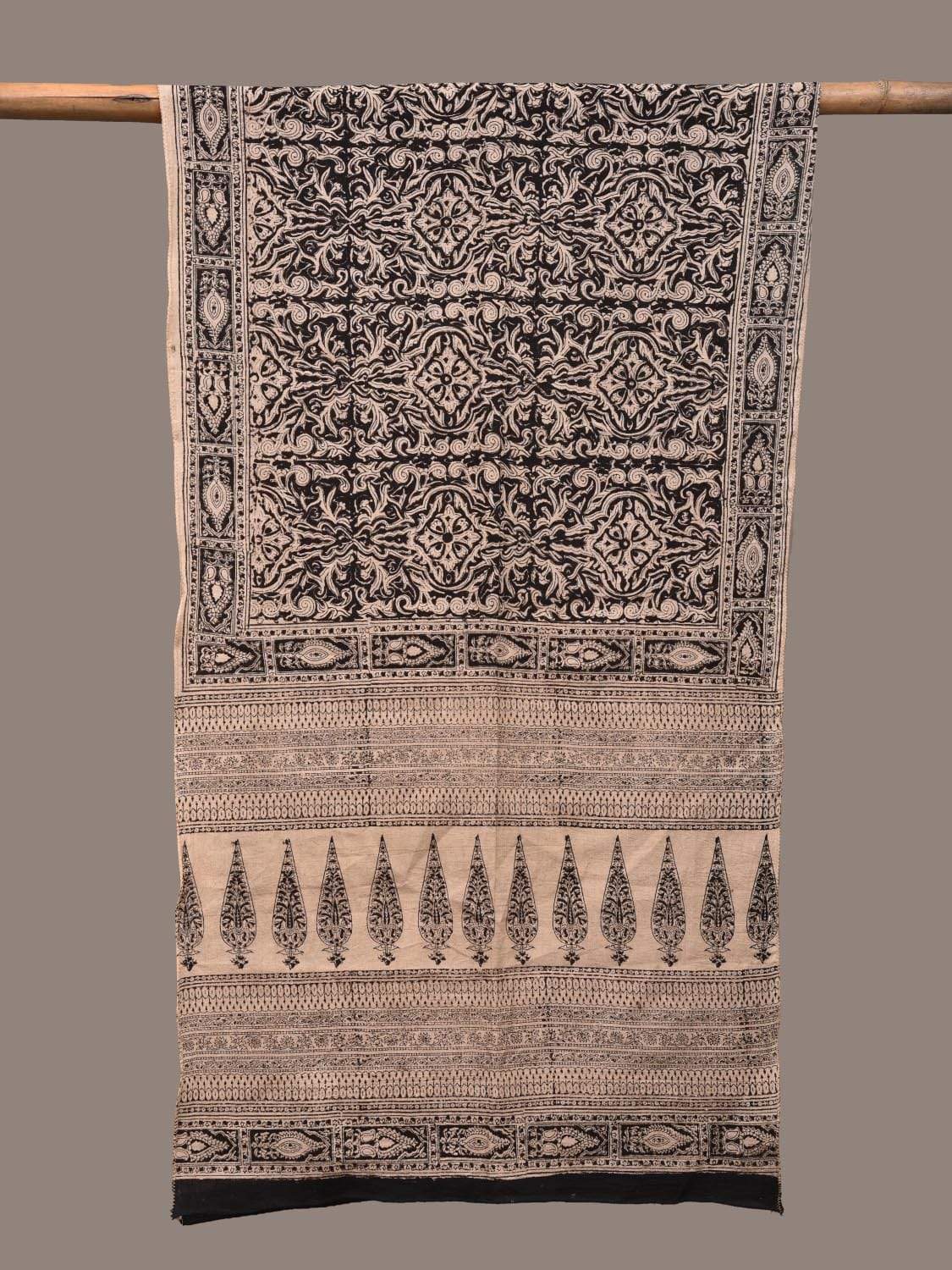 Cream and Black Kalamkari Block Printed Cotton Handloom Stole ds2245