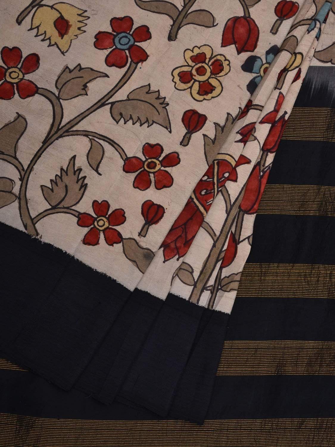 Cream and Black Kalamkari Hand Painted Gadwal Silk Handloom Saree with Floral Design KL0558