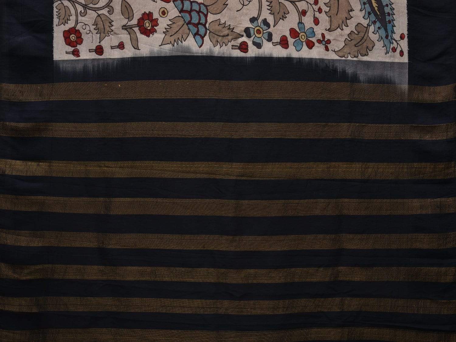 Cream and Black Kalamkari Hand Painted Gadwal Silk Handloom Saree with Floral Design KL0558