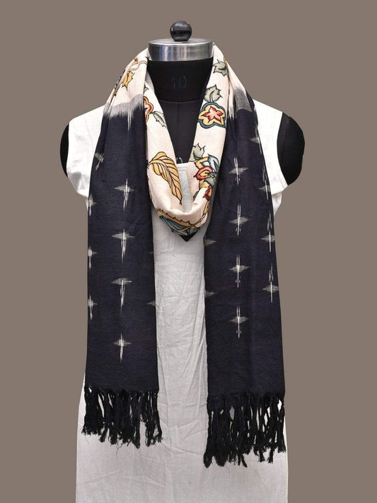 Cream and Black Kalamkari Hand Painted Ikat Cotton Handloom Dupatta with Floral Design ds2281
