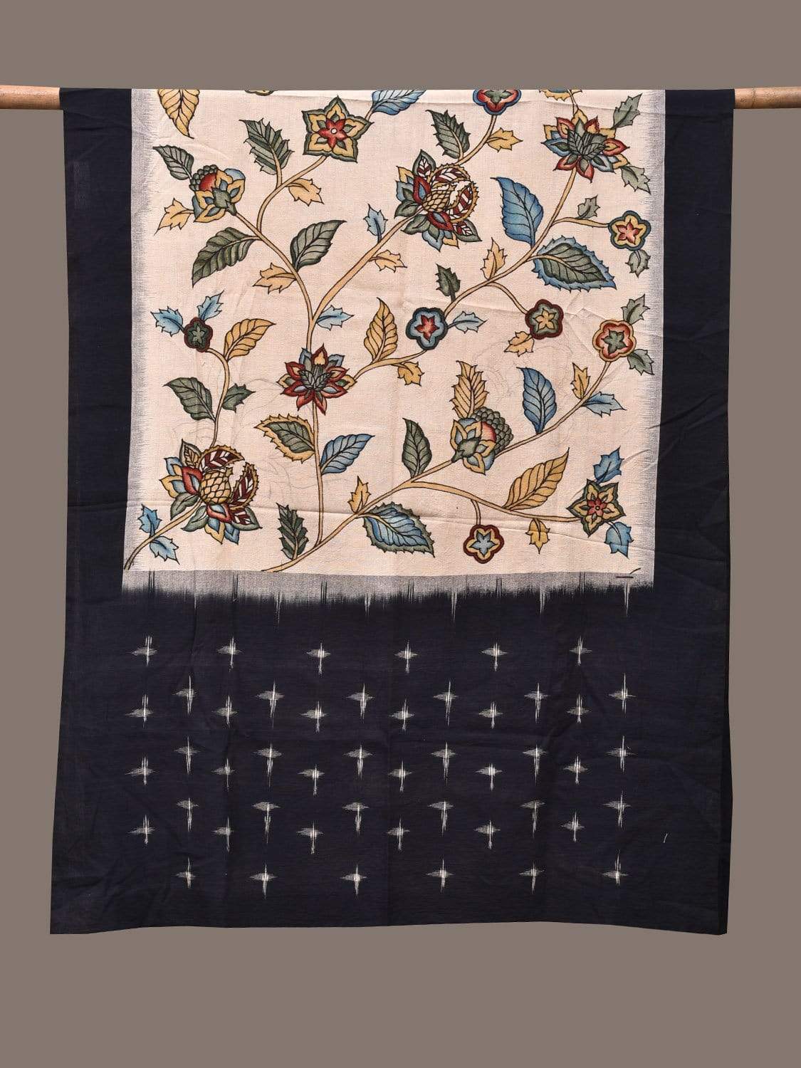 Cream and Black Kalamkari Hand Painted Ikat Cotton Handloom Dupatta with Floral Design ds2281