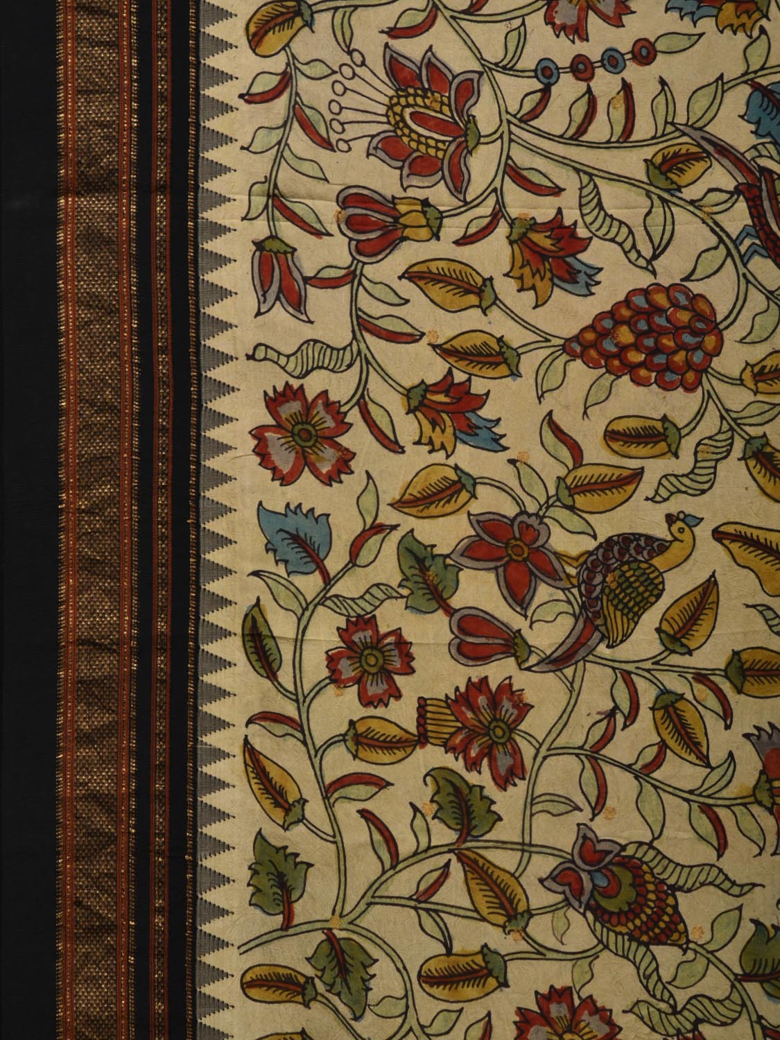 Cream and Black Kalamkari Hand Painted Kanchipuram Silk Handloom Saree with Floral and Birds Design KL0514