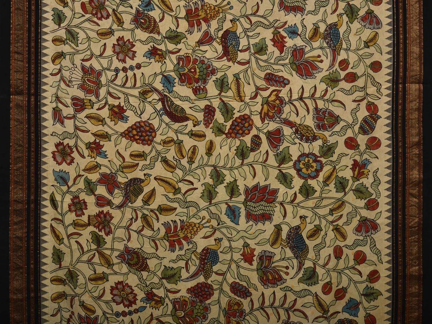 Cream and Black Kalamkari Hand Painted Kanchipuram Silk Handloom Saree with Floral and Birds Design KL0514