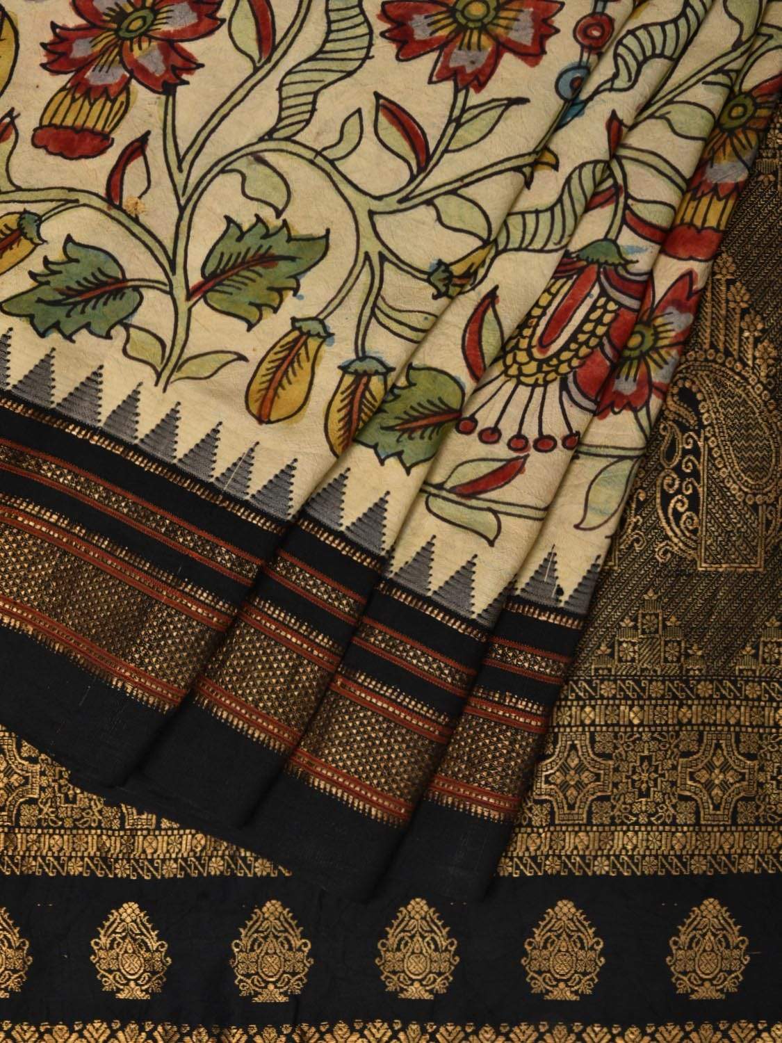 Cream and Black Kalamkari Hand Painted Kanchipuram Silk Handloom Saree with Floral and Birds Design KL0514