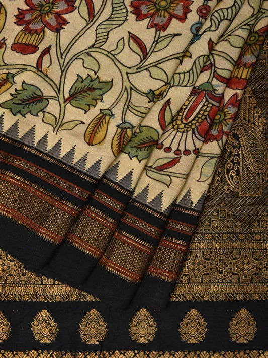 Cream and Black Kalamkari Hand Painted Kanchipuram Silk Handloom Saree with Floral and Birds Design KL0514