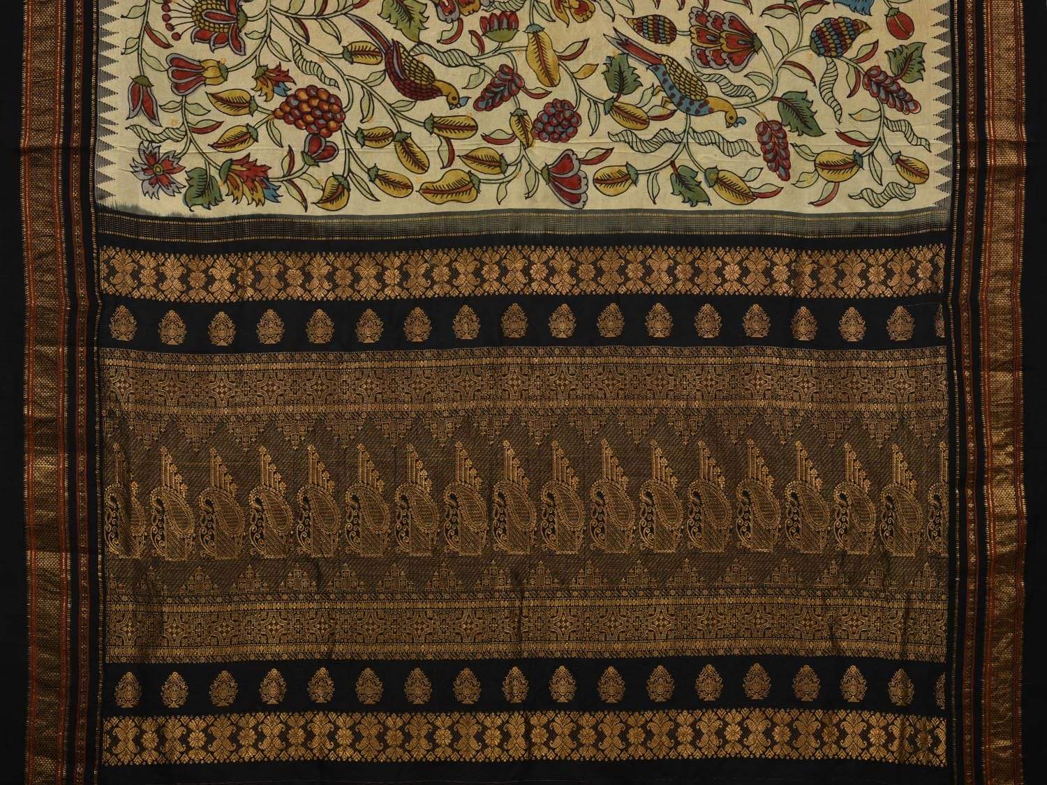 Cream and Black Kalamkari Hand Painted Kanchipuram Silk Handloom Saree with Floral and Birds Design KL0514