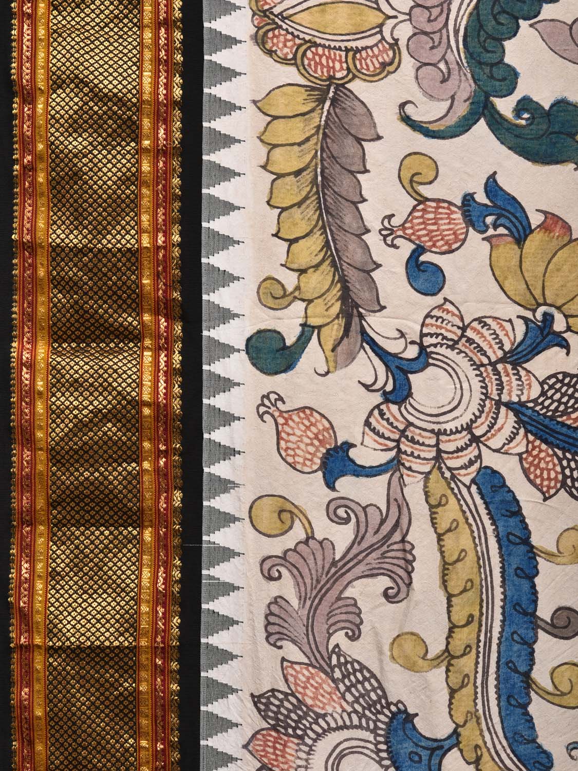 Cream and Black Kalamkari Hand Painted Kanchipuram Silk Handloom Saree with Floral Design KL0508