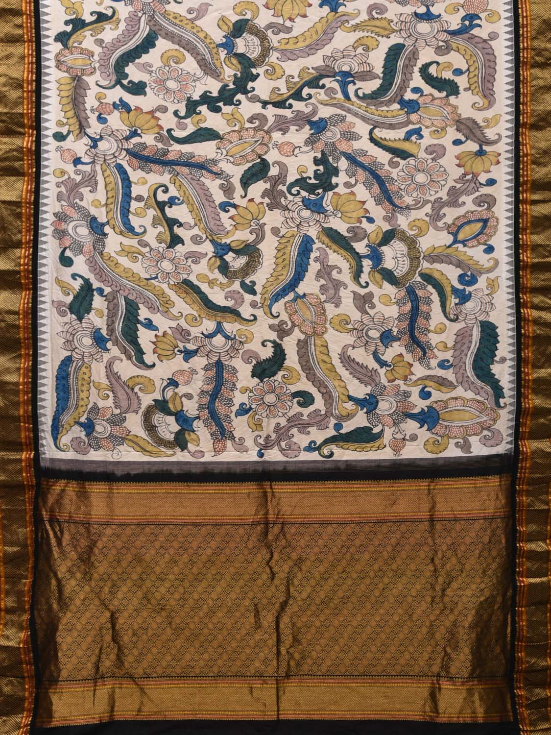 Cream and Black Kalamkari Hand Painted Kanchipuram Silk Handloom Saree with Floral Design KL0508