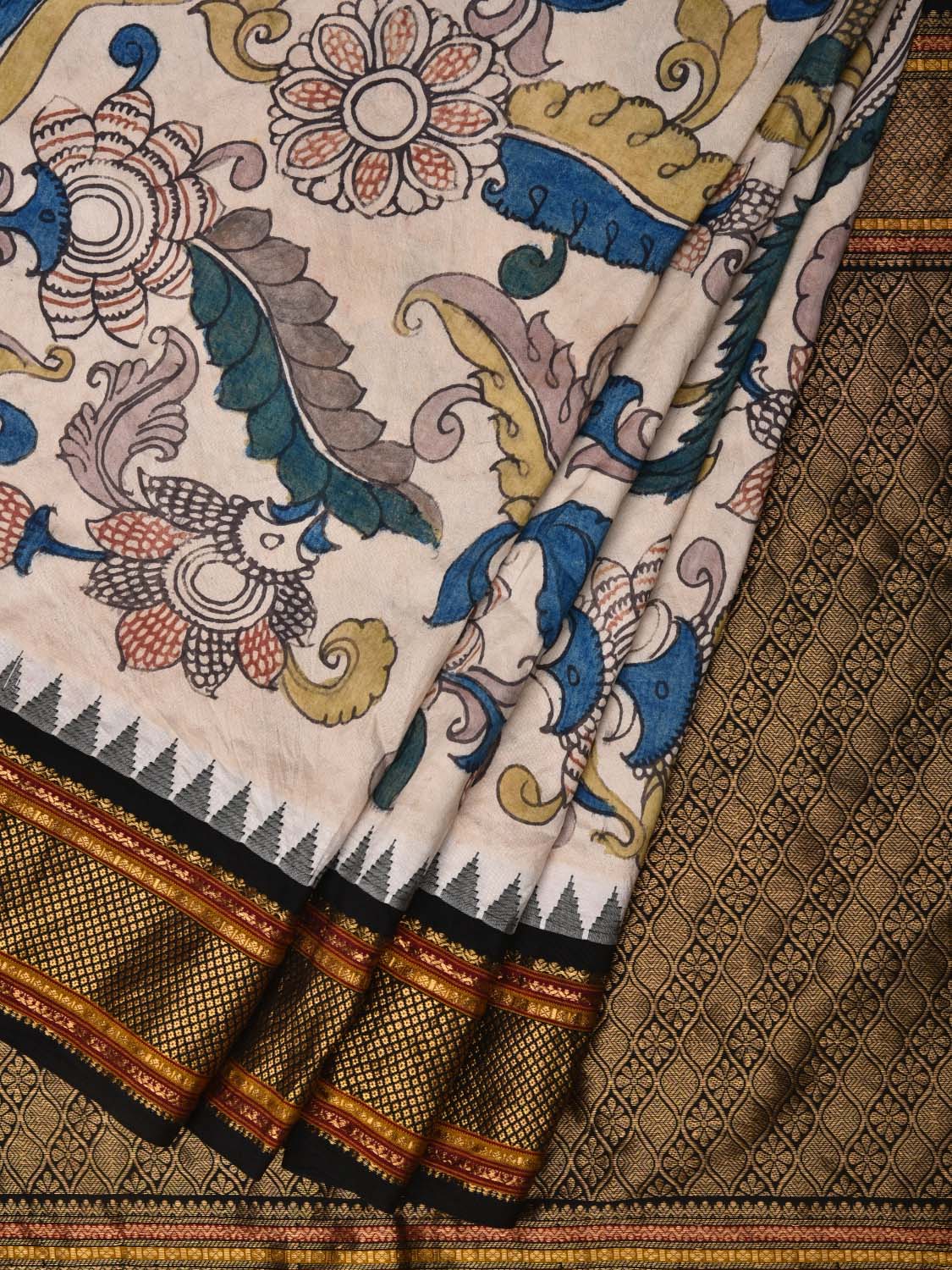 Cream and Black Kalamkari Hand Painted Kanchipuram Silk Handloom Saree with Floral Design KL0508