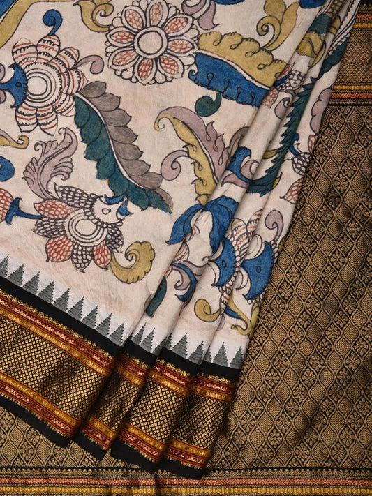 Cream and Black Kalamkari Hand Painted Kanchipuram Silk Handloom Saree with Floral Design KL0508