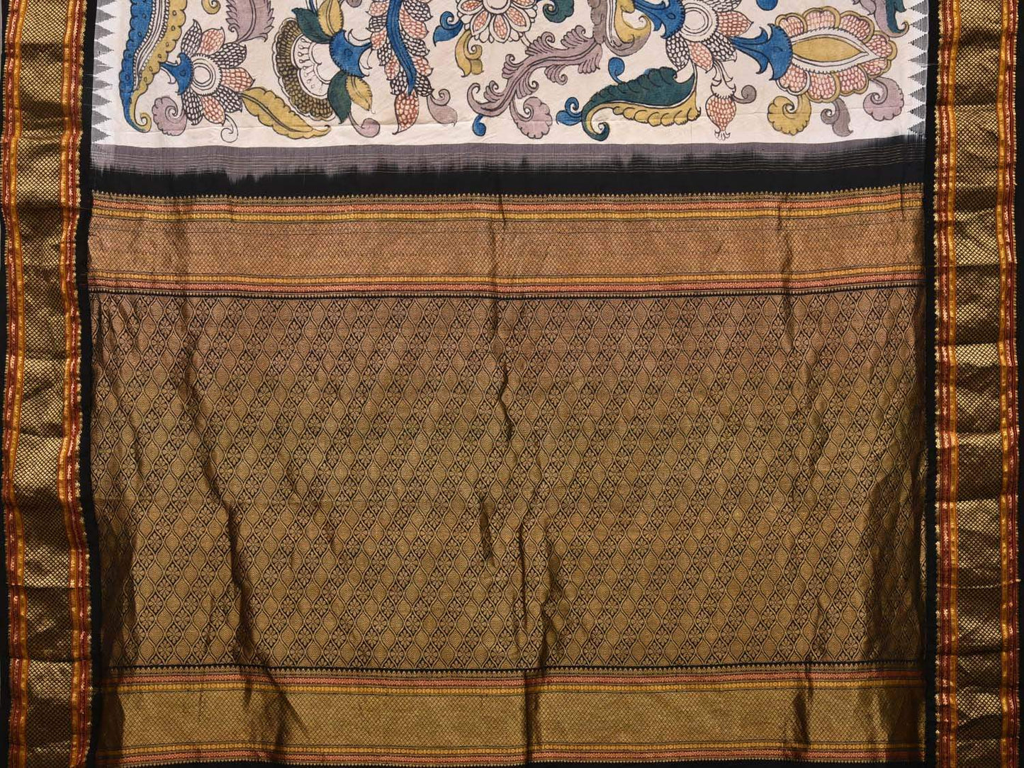 Cream and Black Kalamkari Hand Painted Kanchipuram Silk Handloom Saree with Floral Design KL0508