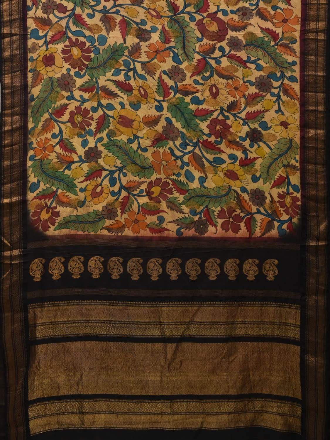 Cream and Black Kalamkari Hand Painted Kanchipuram Silk Handloom Saree with Floral Design KL0544