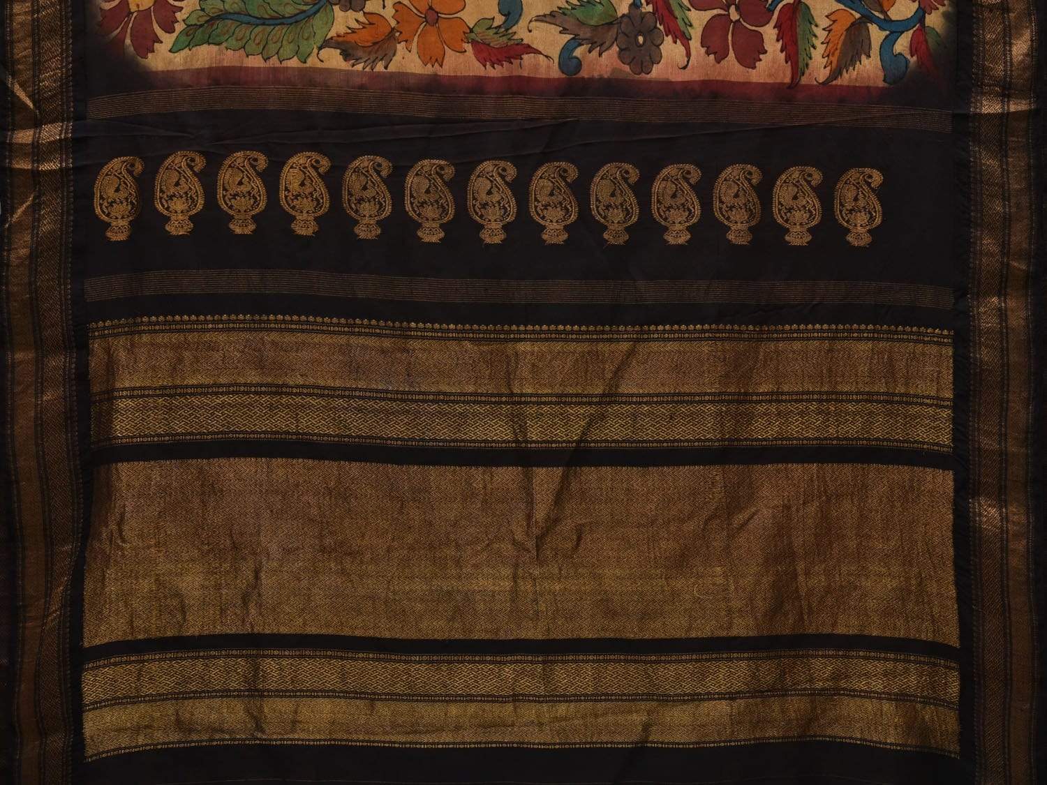 Cream and Black Kalamkari Hand Painted Kanchipuram Silk Handloom Saree with Floral Design KL0544