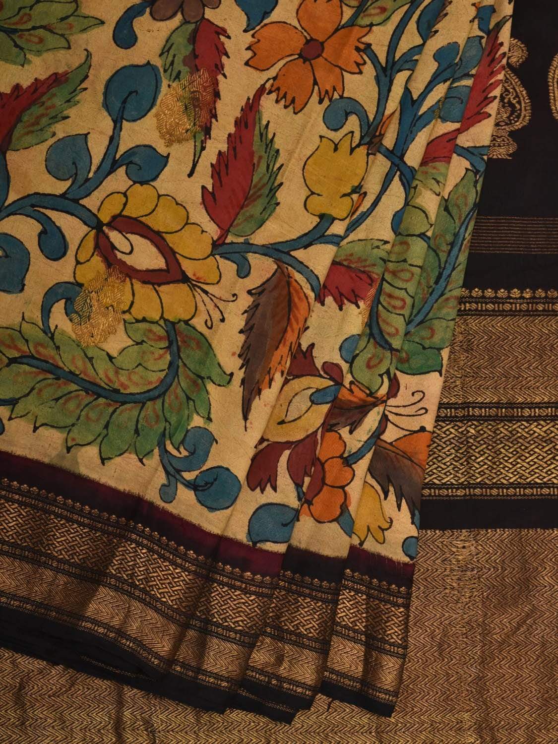 Cream and Black Kalamkari Hand Painted Kanchipuram Silk Handloom Saree with Floral Design KL0544