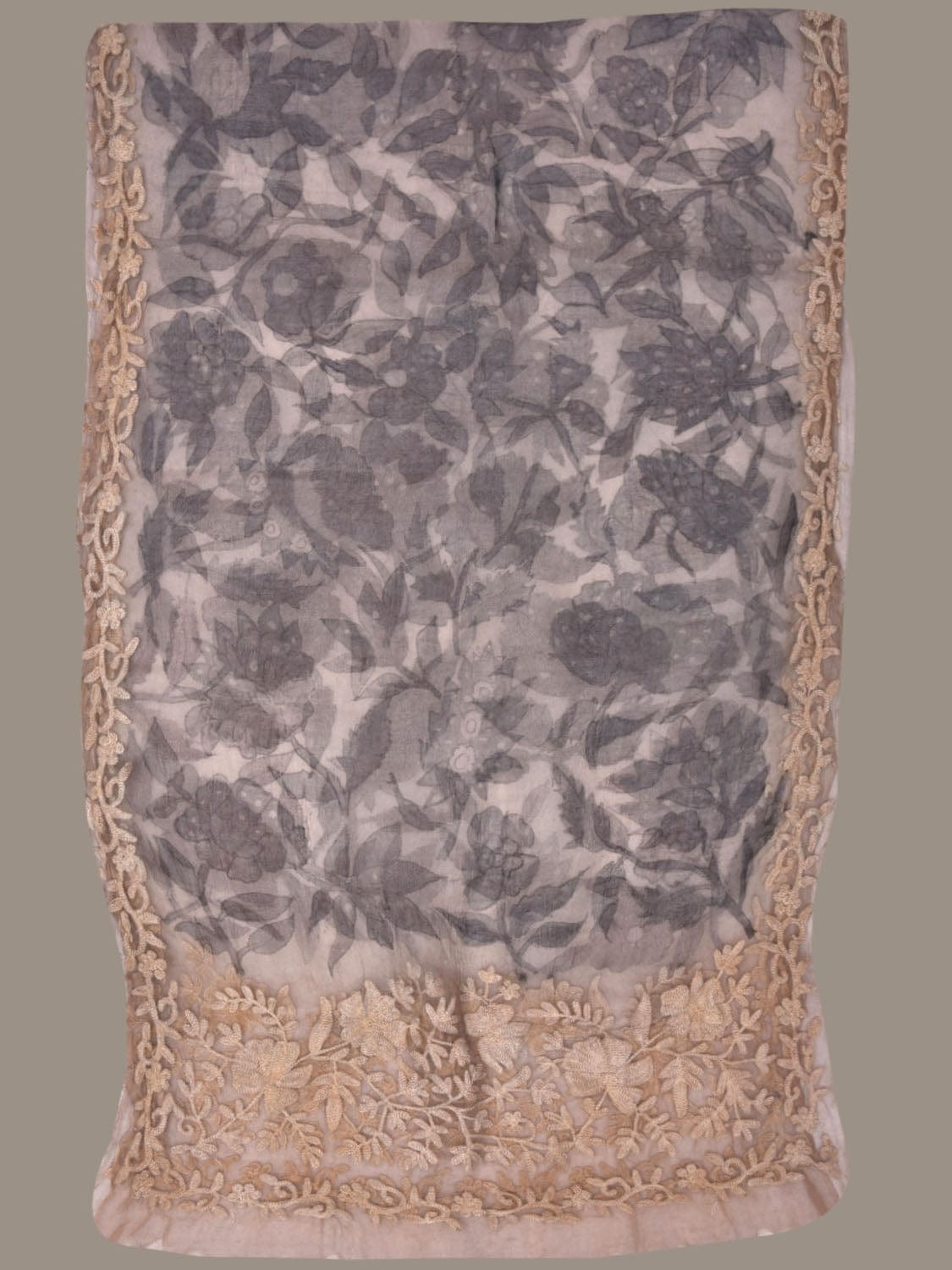 Cream and Black Kalamkari Hand Painted Organza Silk Stole with Floral and Embroidary Design ds2887